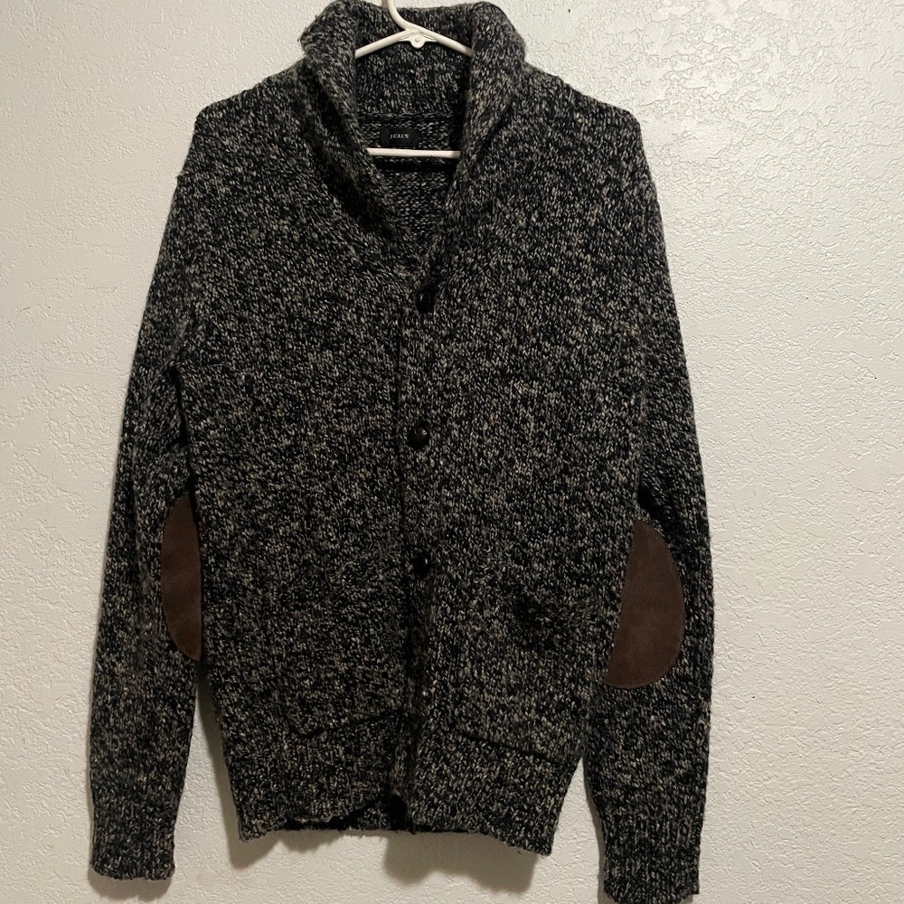 Mens Vintage J CREW MARLED WOOL CARDIGAN LEATHER BUTTONS ELBOW PATCHES SZ S - Picture 2 of 7
